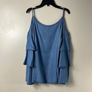 INC International Concepts blue denim spaghetti strap cold shoulder top size 4